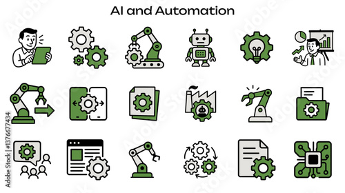 Simple Icon Set Related to Automation and AI. Contains icons: Robot, Gear, Lightbulb, Factory