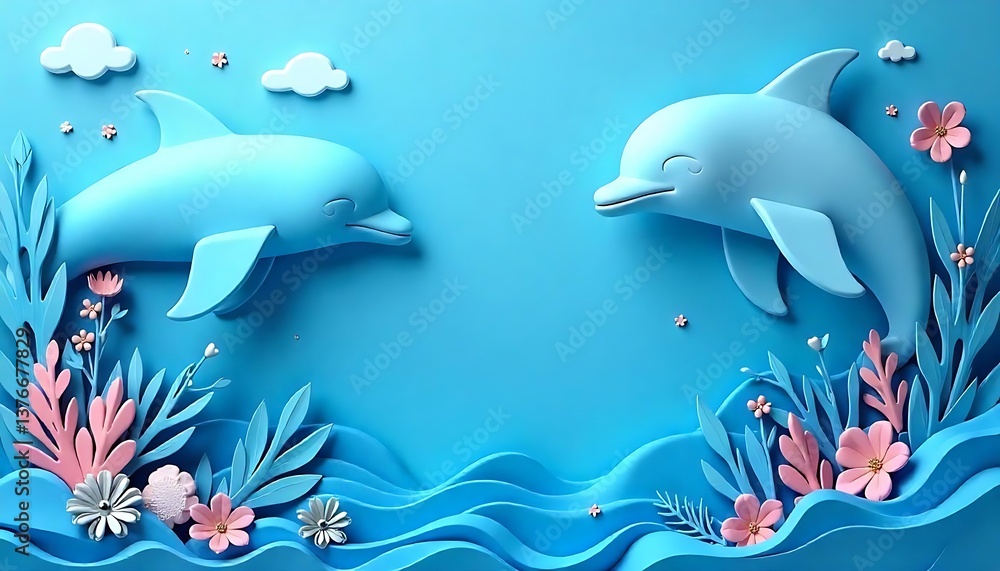 Obraz premium 3d world ocean's day paper art with dolphin and cora , blue background banner , created with generative ai