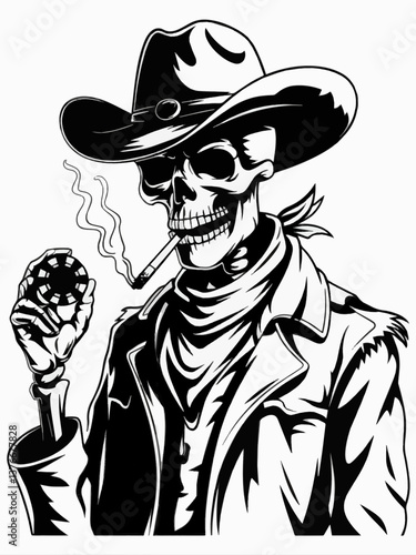 A flat vector 2D illustration of a cowboy skeleton
holding a poker chip in one hand and a smoking cigarette in his mouth