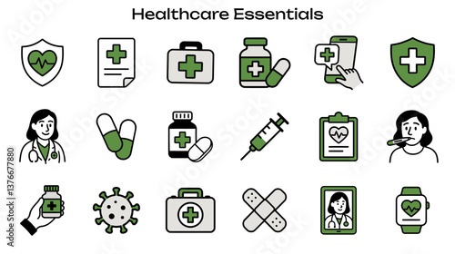 Simple Icon Set Related to Healthcare Essentials: Includes Icons Like Doctor, Syringe, Heartbeat, and Medical Report