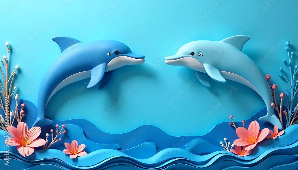 Obraz premium 3d world ocean's day paper art with dolphin and cora , blue background banner , created with generative ai