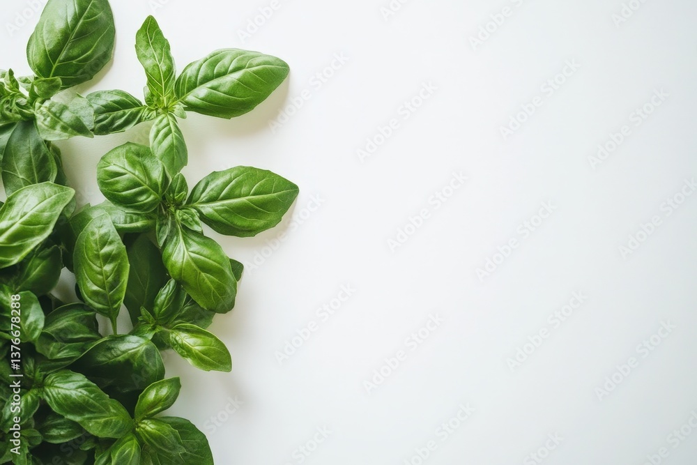Fresh green basil leaves sit on a white background Fresh green basil leaves sit on a white background