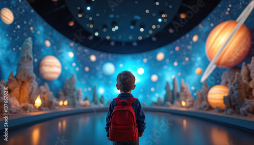 Fototapeta Naklejka Na Ścianę i Meble -  Young child explores space exhibition. Boy gazes in awe at cosmic display of planets stars galaxies. Educational science museum, inspiring curiosity. Astronomy space exploration concept.
