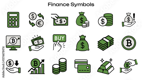 Simple Icon set related to Finance and Currency. Contains icons: money bag, Bitcoin, exchange, credit card