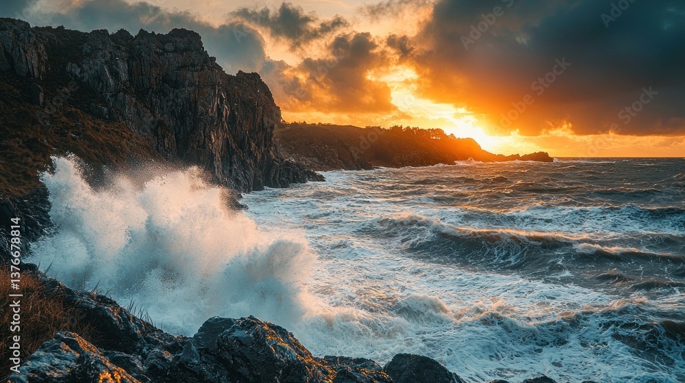 Fototapeta premium Dramatic sunset over stormy ocean waves crashing against rocky cliffs (1)