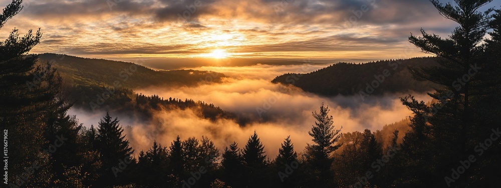 Fototapeta premium Golden Sunrise Through Misty Mountains suitable for nature magazine