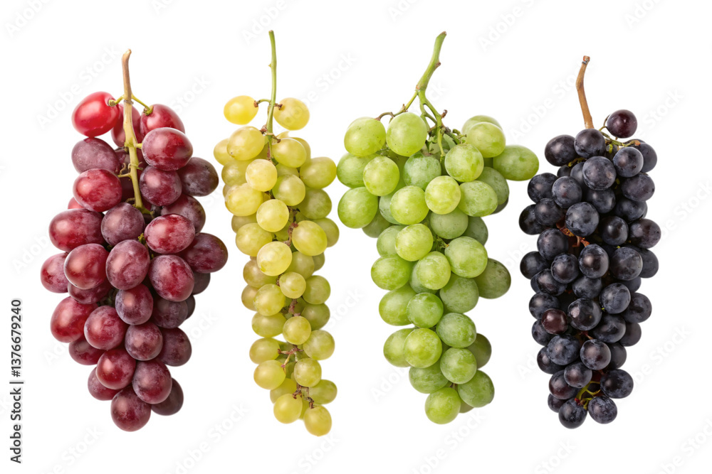 Assortment of Fresh Grape Bunches in Red, Green, Yellow and Black on White Assortment of Fresh Grape Bunches in Red, Green, Yellow and Black on White