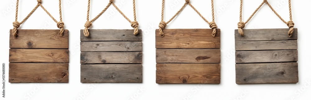 Four wooden boards hanging on ropes, blank space for message. Rustic wood texture, various shades of brown grey tones. Design mockup for sign advertisement message in minimalist style on white Four wooden boards hanging on ropes, blank space for message. Rustic wood texture, various shades of brown grey tones. Design mockup for sign advertisement message in minimalist style on white