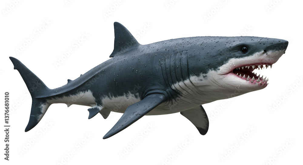 Naklejka premium Swimming Great White Shark with Open Mouth and Sharp Teeth