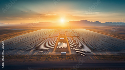 Aerial sunrise view over vast solar panel field reflecting golden sunlight, symbolizing clean energy and sustainable technology.