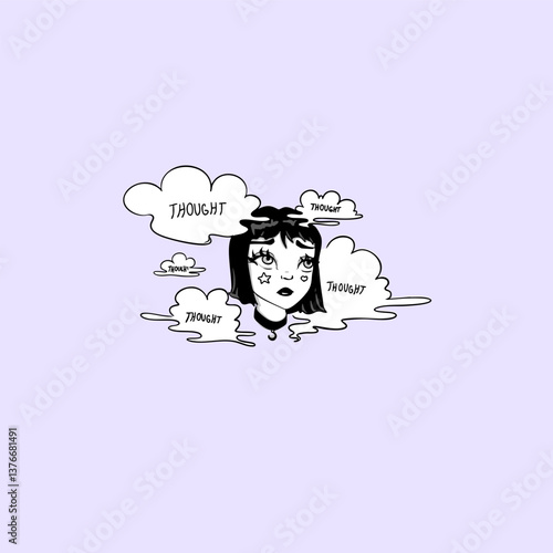 goth girl having lost in the thoughts, having so many thoughts, clouds of thoughts