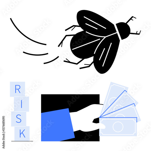 Fly in motion near stacked risk blocks and cash handoff suggesting concept of uncertainty, danger, and financial risk. Ideal for finance, decision-making, fraud, management, economy, danger abstract