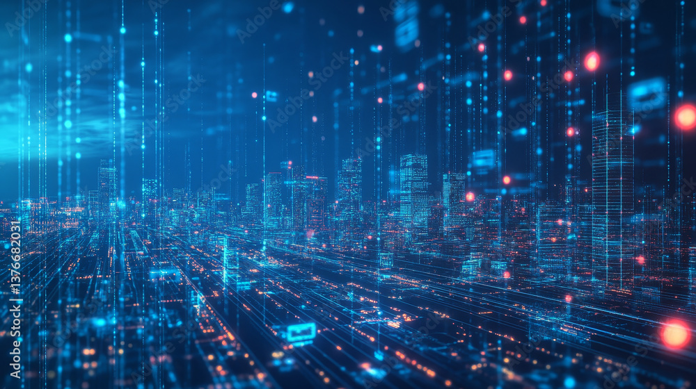 Obraz premium Cyber city, digital technology and Information Security. Big data concept in 3D illustration. Neural networks, blockchain, database in world of future
