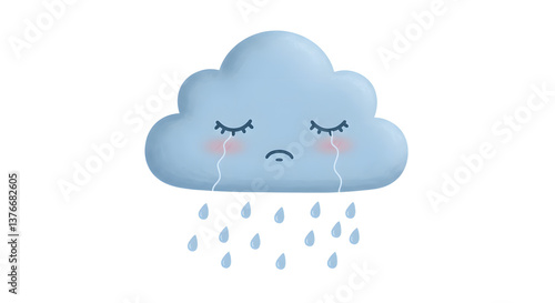 Crying Cloud with Raindrops Sad Weather Illustration on White Background