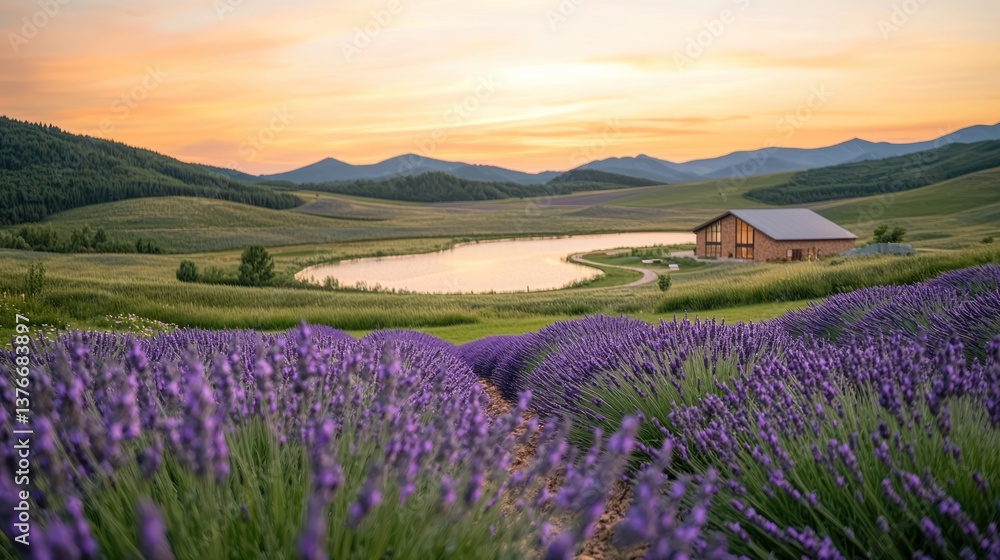 Naklejka premium Picturesque lavender field, tranquil lake, serene sunset