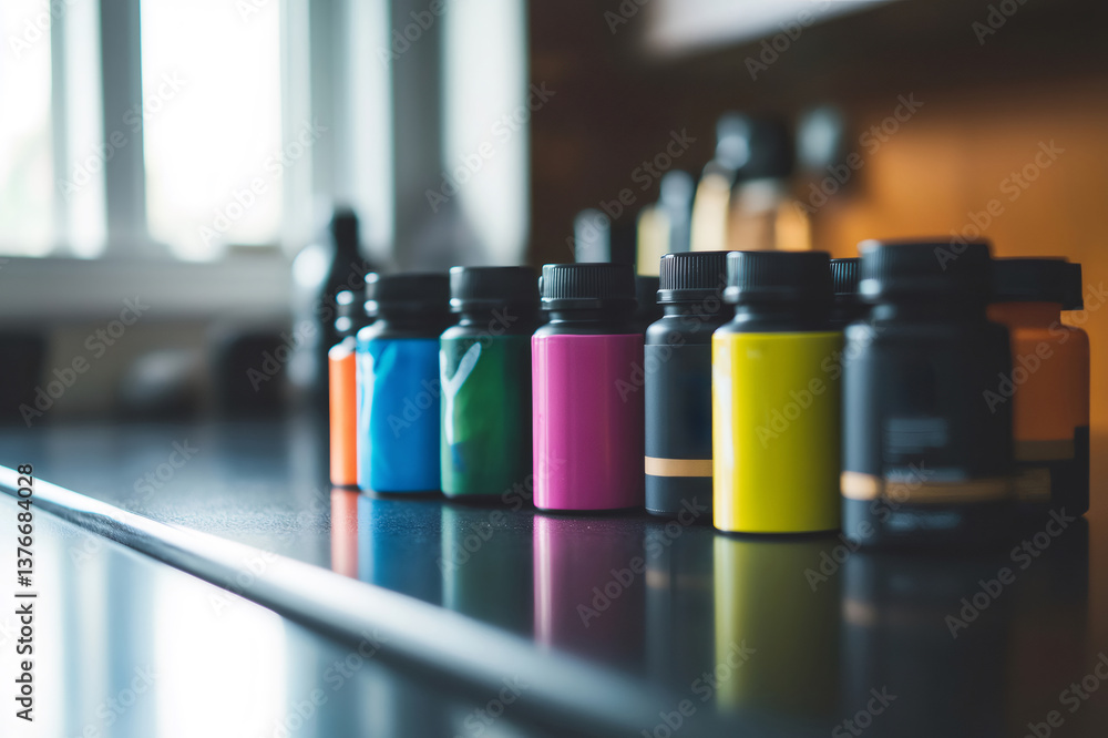 Row of colorful supplement containers sits on a kitchen counter, ready to fuel workouts and aid in recovery