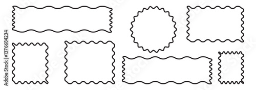 Zig zag wavy shape frames. Vector rectangular and round abstract clouds, flowers and text boxes. Scallop edge kids geometric stamps. Flat jagged oval shapes set. Groovy kids graphic wiggly backgrounds