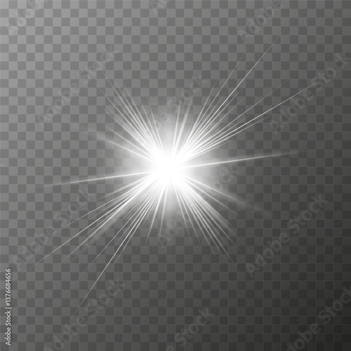 Bright flash of light creating a shining effect resembling a star on a transparent background. Vector illustration EPS 10.