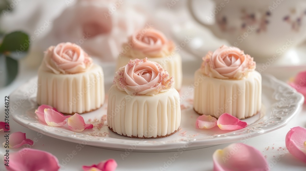 fine dining presentation, elegantly displayed mini bento cakes surround a teacup, complemented by rose petals on a white table for a sophisticated womens day tea fine dining presentation, elegantly displayed mini bento cakes surround a teacup, complemented by rose petals on a white table for a sophisticated womens day tea