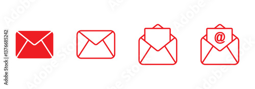 Set of mail envelope icon in linear style. Closed envelope, opened letter, with checkmark and email. Editable stroke. E-mail icon, sign of an incoming unopened message. Vector illustration