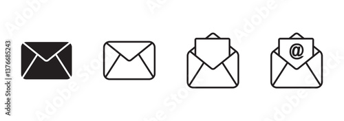 Set of mail envelope icon in linear style. Closed envelope, opened letter, with checkmark and email. Editable stroke. E-mail icon, sign of an incoming unopened message. Vector illustration