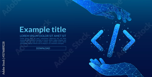 Digital hands holding a 3D digital programming code symbol in light blue on a technological background. Software and web development concept. JavaScript sign in low poly style