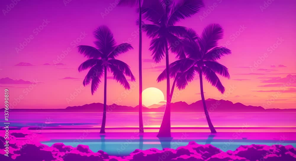 Vaporwave palm trees on the beach at sunset Retrowave background animation 4K Vaporwave palm trees on the beach at sunset Retrowave background animation 4K