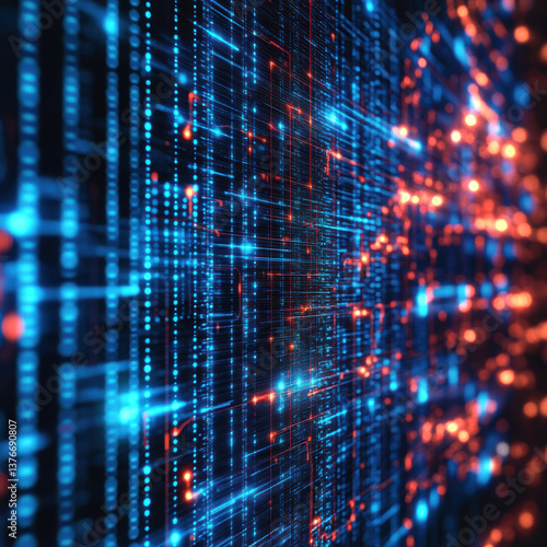 Wallpaper Mural Abstract digital grid with blue and red lights representing data flow and connectivity in cyberspace Torontodigital.ca