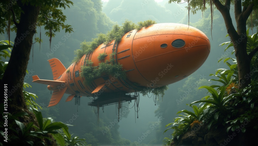 Fototapeta premium A futuristic orange airship covered in plants, floating through a lush forest, blending advanced technology with nature in a misty, tranquil environment. Generative, AI,