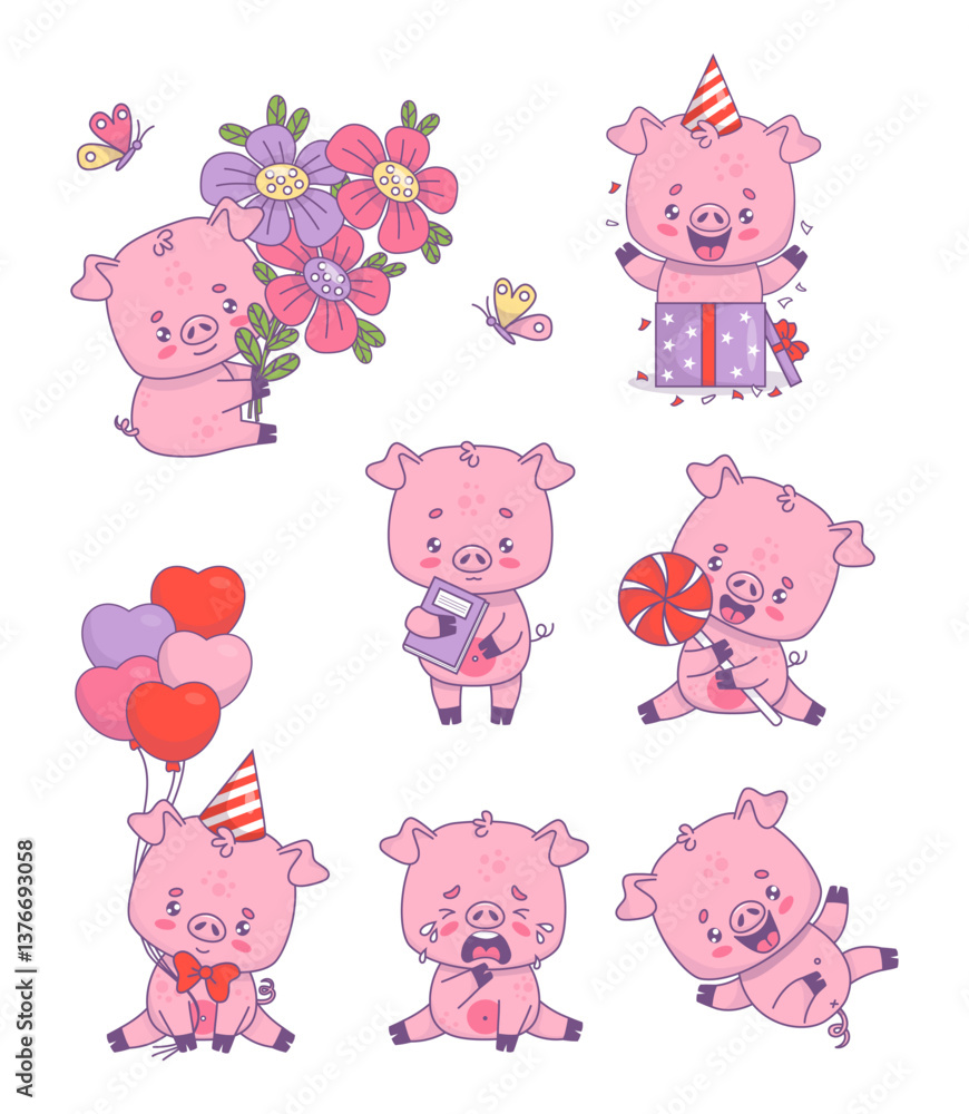 Cute funny pig characters set. Festive birthday boy with balloons and gift, with bouquet flowers and candy, smiling and crying. Isolated cartoon kawaii animals Vector illustration. Kids collection Cute funny pig characters set. Festive birthday boy with balloons and gift, with bouquet flowers and candy, smiling and crying. Isolated cartoon kawaii animals Vector illustration. Kids collection