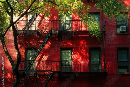 sunlight casts shadows of trees on new york red brick apartment building with fire escape stairs. urban residential architecture in sunny neighborhood. real estate,architectural design