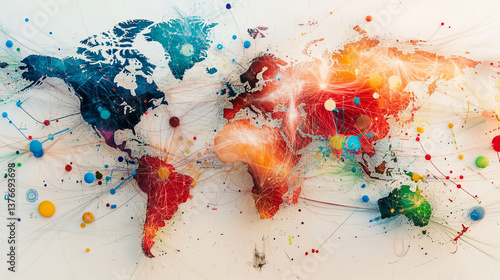 Abstract map of continents. Globalization and geopolitics in high-tech world of future. 3D illustration of communications and data exchange in a virtual network. Bright, juicy, neon colors