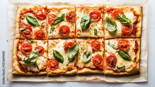 Freshly baked square margherita pizza with mozzarella and basil