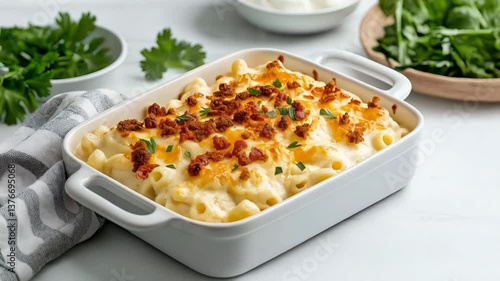 Delicious macaroni and cheese casserole with tasty toppings in a white baking dish on white surface