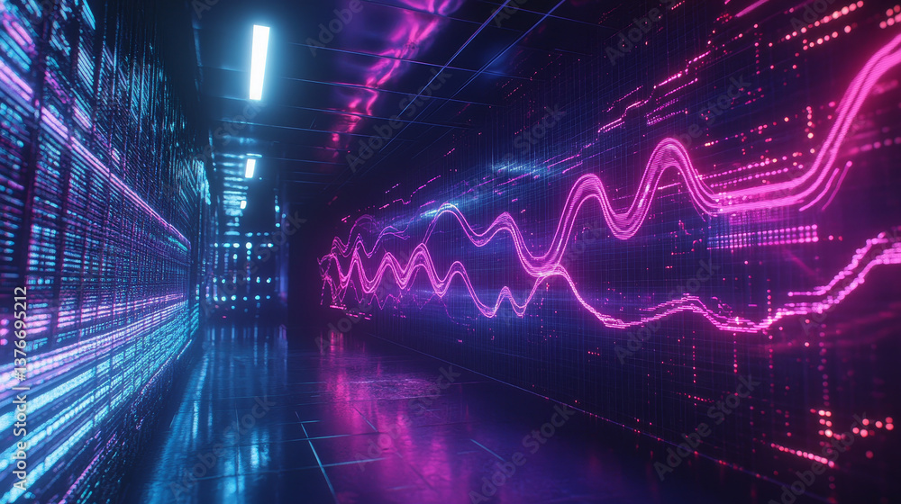 Naklejka premium Data particles in the information flow of neon strings. 3D illustration of digital sound vibrations