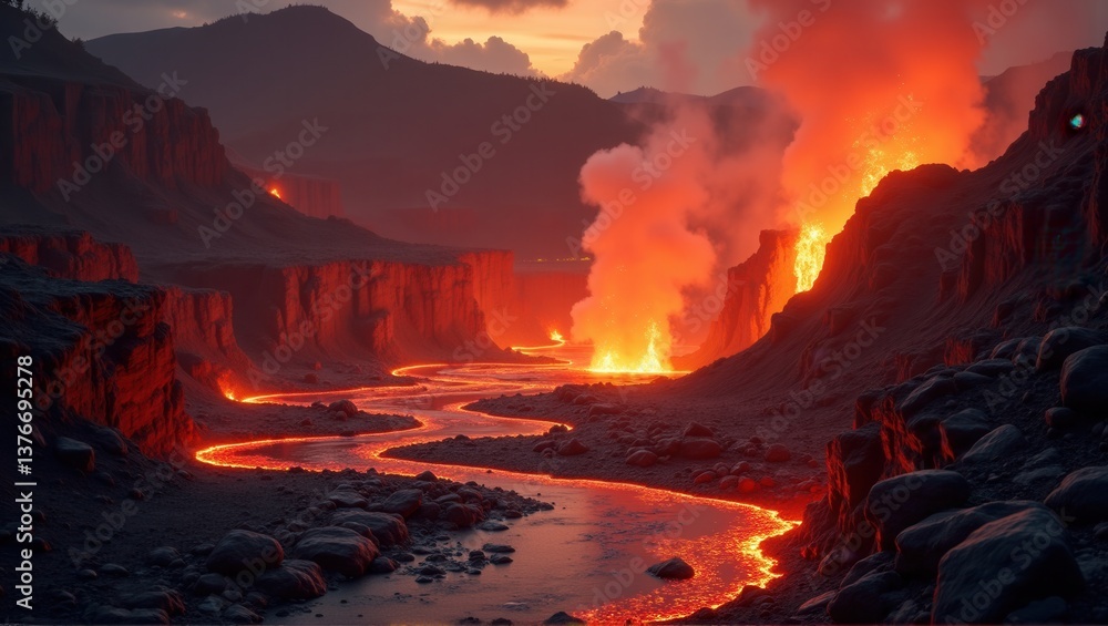 Fototapeta premium A dramatic volcanic eruption with lava flowing down the canyon, illuminating the surroundings in intense red and orange, creating a fiery and powerful landscape. Generative, AI,