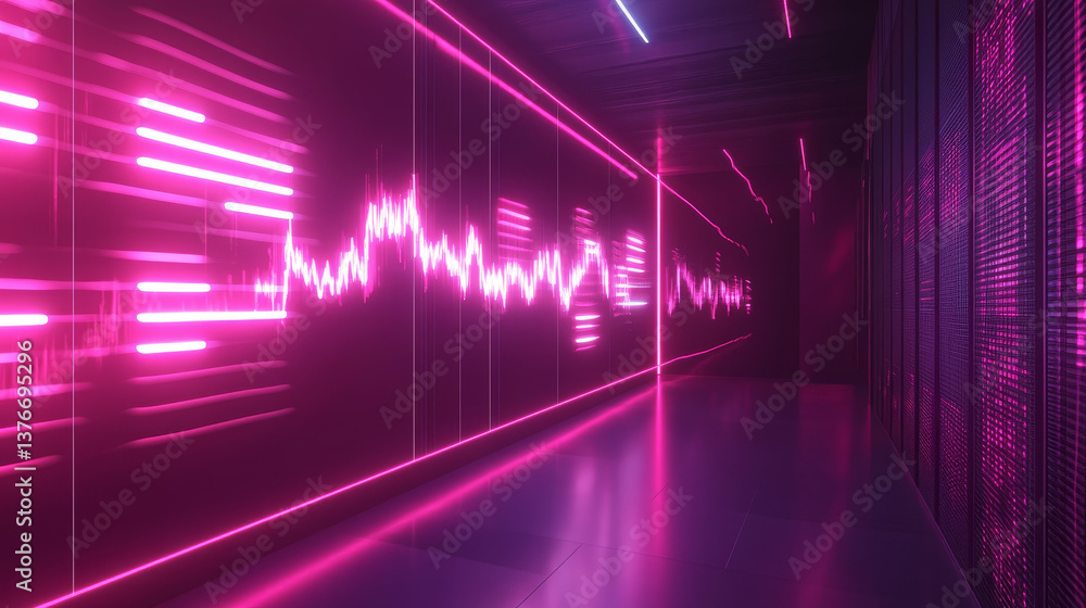 Data particles in the information flow of neon strings. 3D illustration of digital sound vibrations Data particles in the information flow of neon strings. 3D illustration of digital sound vibrations