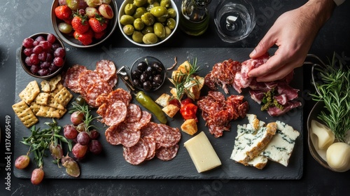 Elegant charcuterie board arrangement featuring gourmet meats, cheeses and fresh fruits