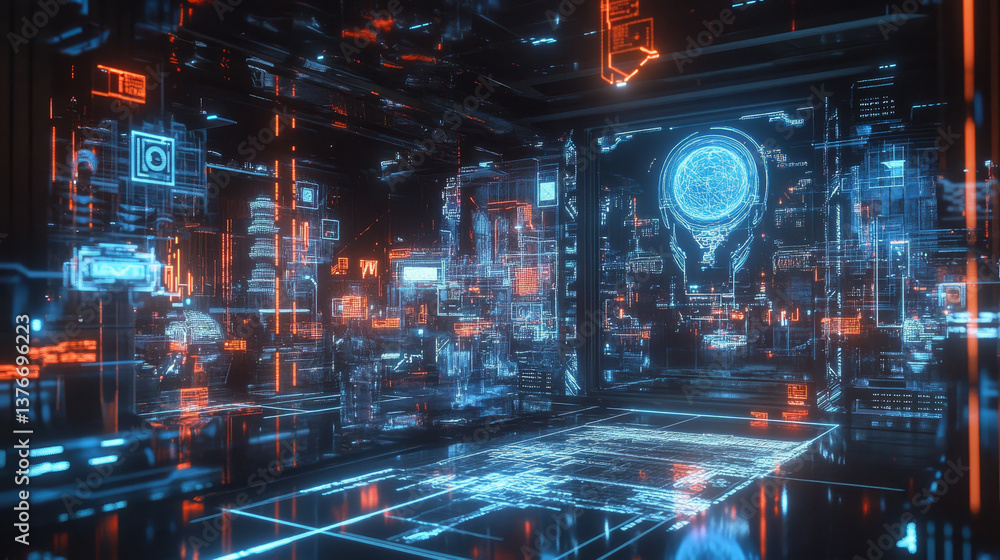 Block chain network and programming concept. Global artificial intelligence. Hologram of the neural network. HUD display 3D illustration Block chain network and programming concept. Global artificial intelligence. Hologram of the neural network. HUD display 3D illustration