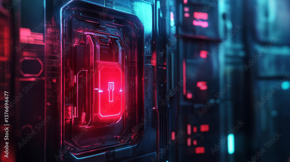 Obraz premium Cybersecurity online. Concept of global network protection. 3D illustration of a futuristic digital lock. Neon light and a ball of desires from polygonal elements