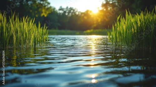 Calm river water at sunset with green grass.