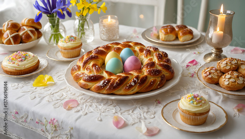 Festive Easter Table with Traditional Pastries and Colorful Eggs