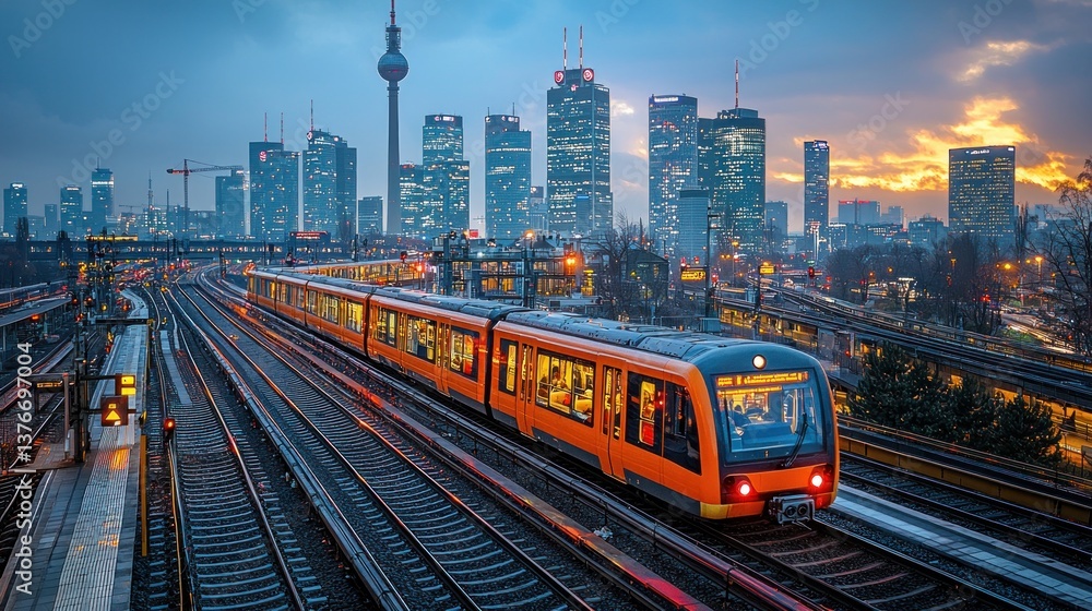 Fototapeta premium Berlin Cityscape: Commuter Train at Sunset