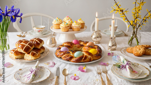Festive Easter Table with Traditional Pastries and Colorful Eggs