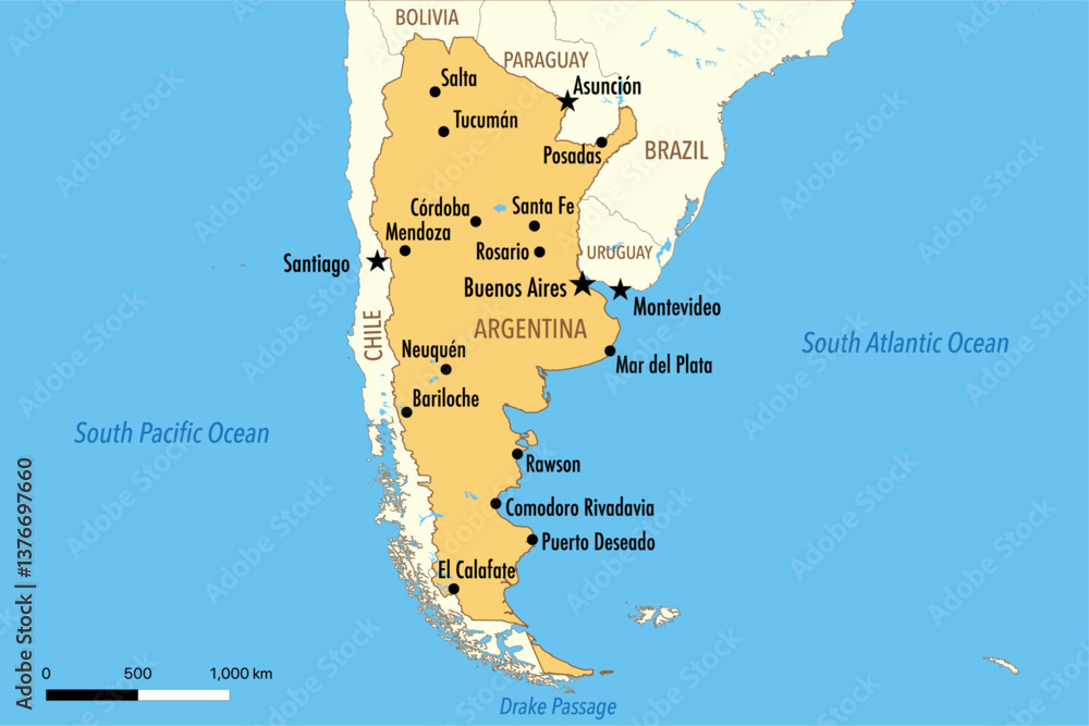 Fototapeta premium Vector Map of Argentina with Major Cities and Neighboring Countries – Editable Illustration