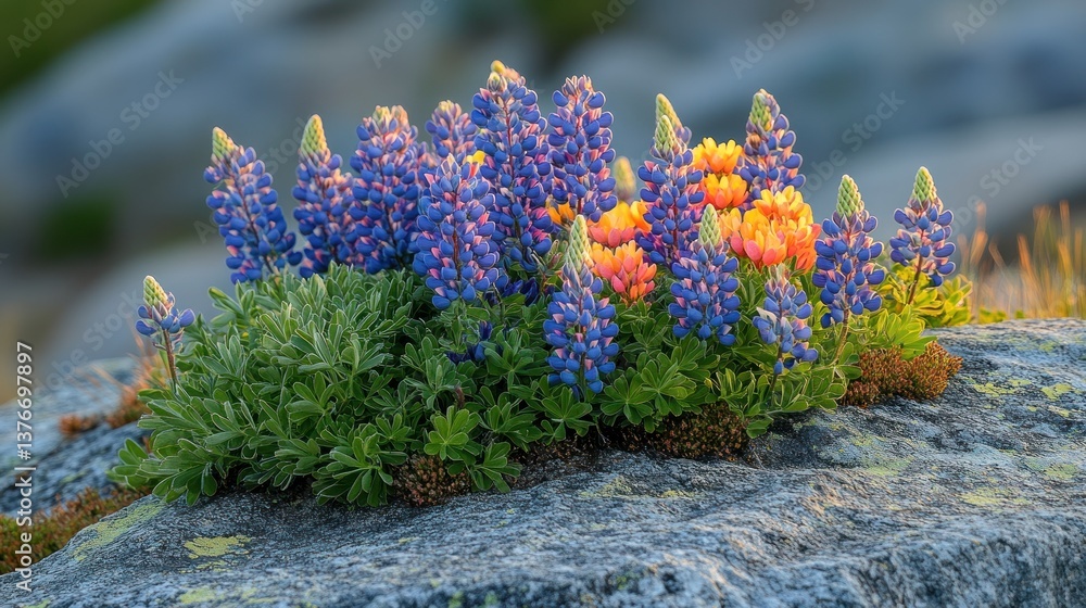 Obraz premium Vibrant blue and orange wildflowers blooming on a rock in golden sunlight.