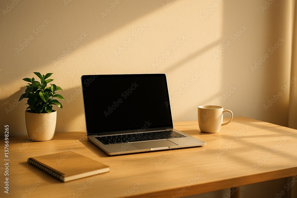 Minimalist home office desk with laptop, notebook, coffee mug and plant in natural sunlight Minimalist home office desk with laptop, notebook, coffee mug and plant in natural sunlight