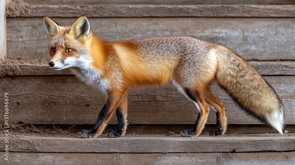 Fototapeta premium Red fox standing on wooden stairs, alert and looking to the left.