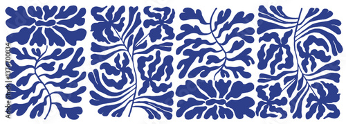 Vector modern art print elements in simple floral wavy and groovy naive style, ocean and vacation theme, flowers and plants, floral botanic hand drawn design templates, modern art prints, color, leaf,