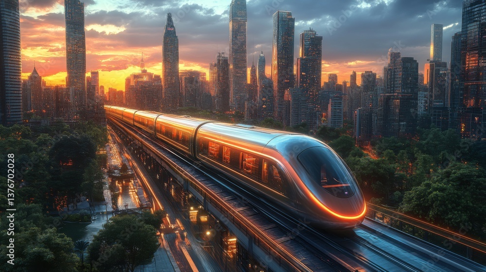 A futuristic smarttrain moves smoothly along elevated tracks in a vibrant city, illuminated by the warm glow of the setting sun. A futuristic smarttrain moves smoothly along elevated tracks in a vibrant city, illuminated by the warm glow of the setting sun.